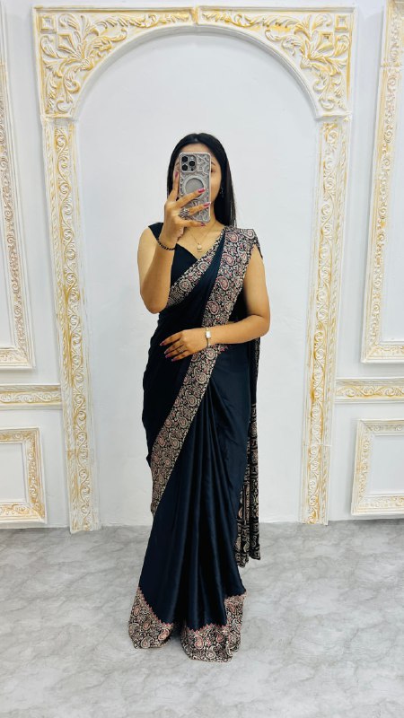 Black Gajji Silk Ajrakh Rich Pallu With Contrast Blouse Saree