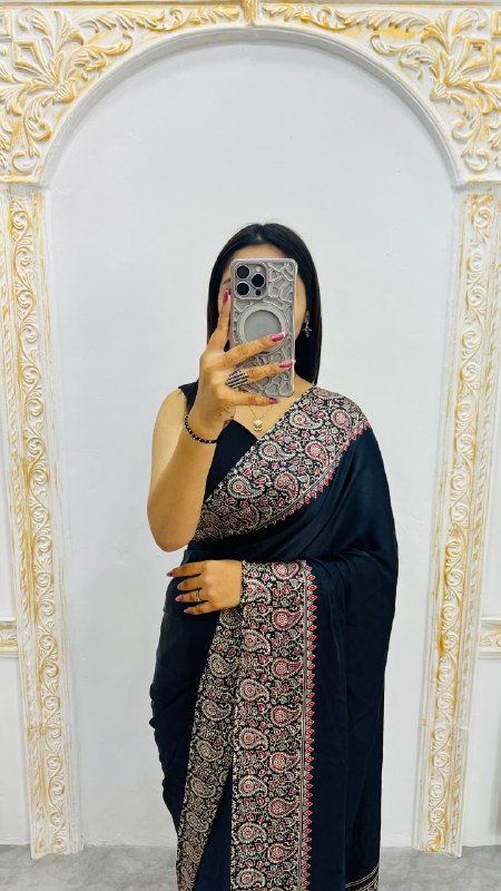 Black Gajji Silk Ajrakh Rich Pallu With Contrast Blouse Saree