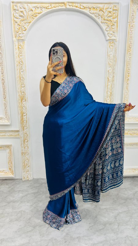 Navy Blue Gajji Silk Ajrakh Rich Pallu With Contrast Blouse Saree