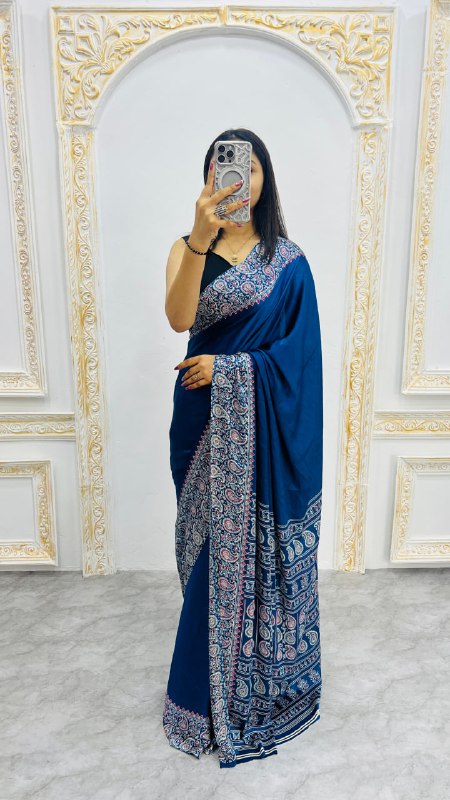 Navy Blue Gajji Silk Ajrakh Rich Pallu With Contrast Blouse Saree