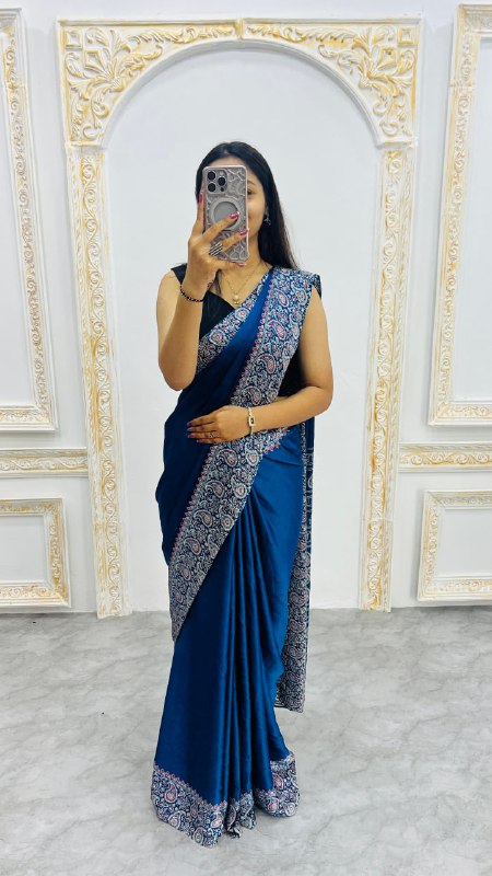 Navy Blue Gajji Silk Ajrakh Rich Pallu With Contrast Blouse Saree