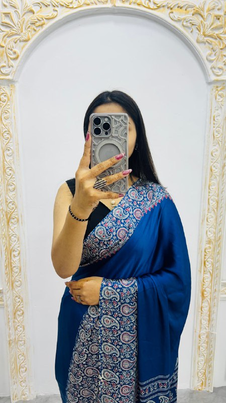 Navy Blue Gajji Silk Ajrakh Rich Pallu With Contrast Blouse Saree
