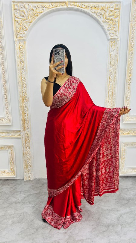 Red Gajji Silk Ajrakh Rich Pallu With Contrast Blouse Saree
