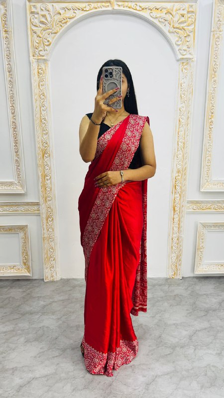 Red Gajji Silk Ajrakh Rich Pallu With Contrast Blouse Saree