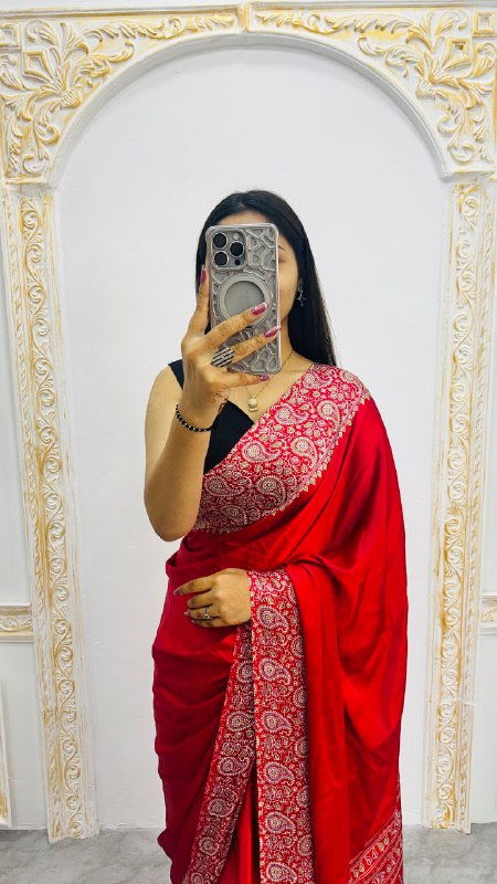 Red Gajji Silk Ajrakh Rich Pallu With Contrast Blouse Saree