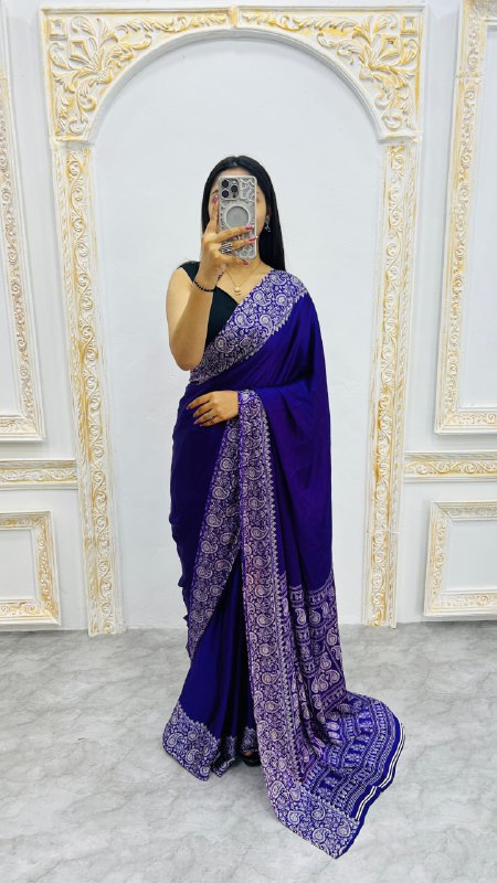 Blue Gajji Silk Ajrakh Rich Pallu With Contrast Blouse Saree