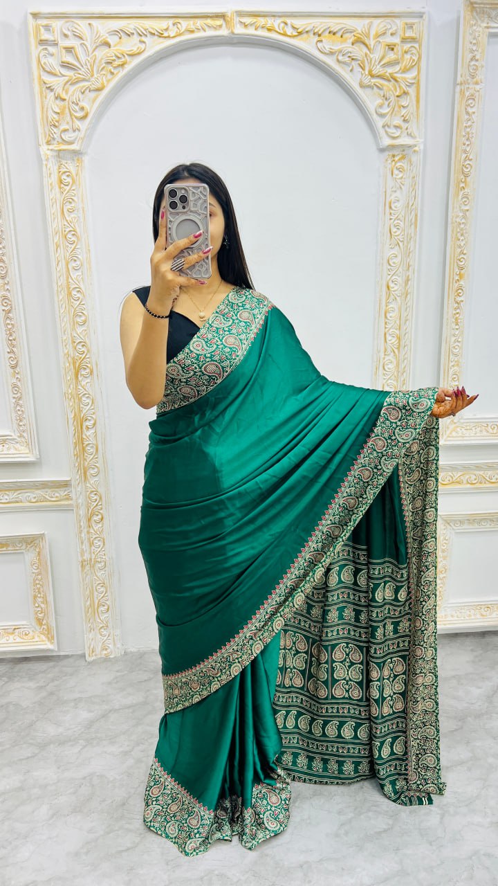 Cyan Gajji Silk Ajrakh Rich Pallu With Contrast Blouse Saree