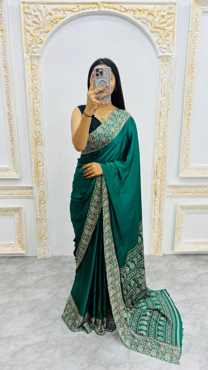 Cyan Gajji Silk Ajrakh Rich Pallu With Contrast Blouse Saree