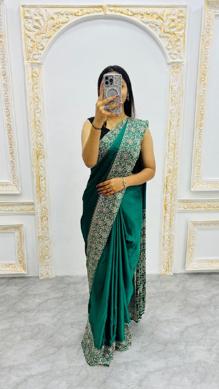 Cyan Gajji Silk Ajrakh Rich Pallu With Contrast Blouse Saree