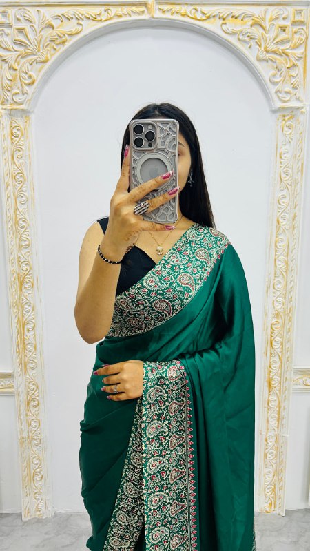 Cyan Gajji Silk Ajrakh Rich Pallu With Contrast Blouse Saree