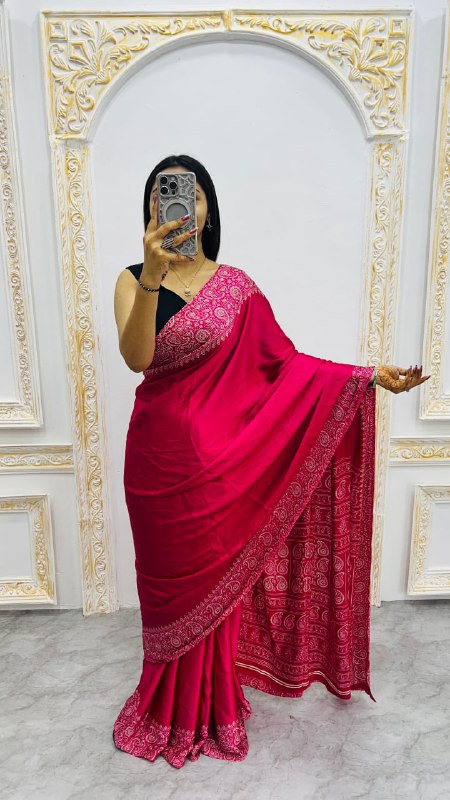 Rani Gajji Silk Ajrakh Rich Pallu With Contrast Blouse Saree