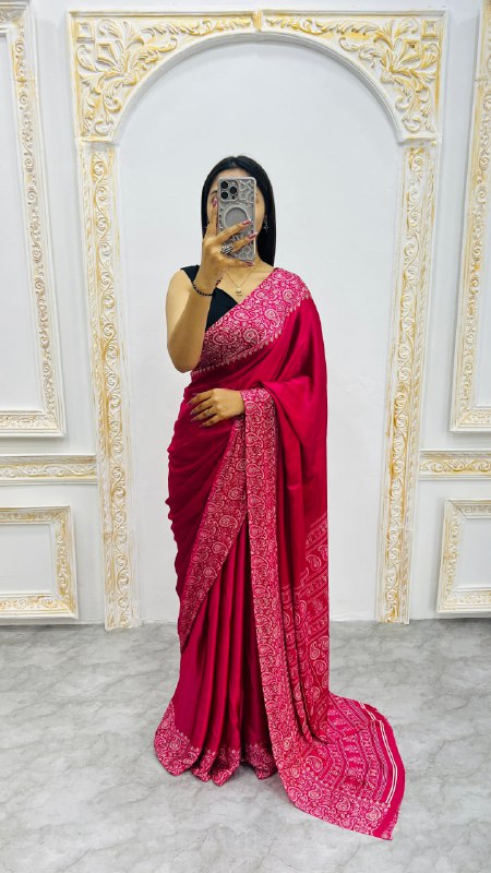 Rani Gajji Silk Ajrakh Rich Pallu With Contrast Blouse Saree