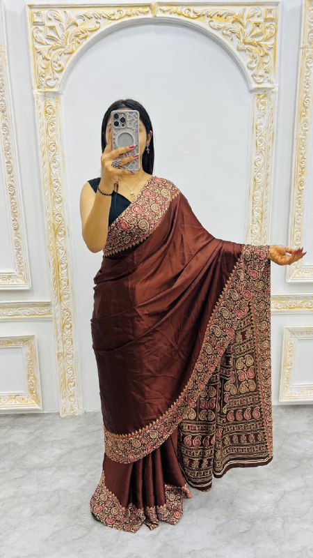 Brown Gajji Silk Ajrakh Rich Pallu With Contrast Blouse Saree