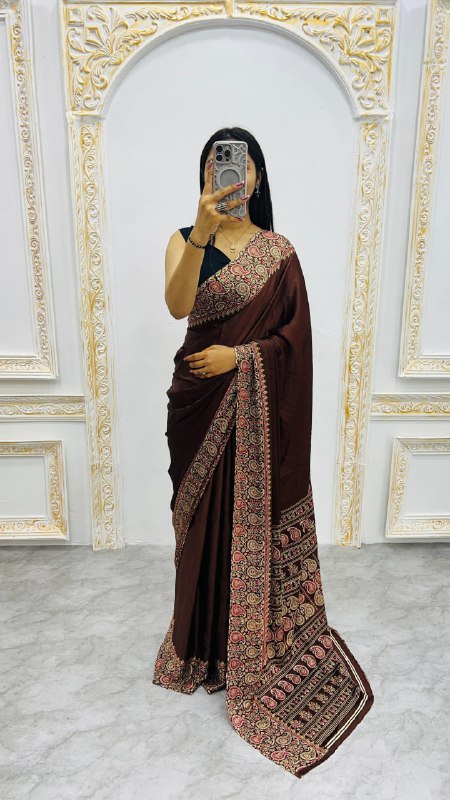 Brown Gajji Silk Ajrakh Rich Pallu With Contrast Blouse Saree