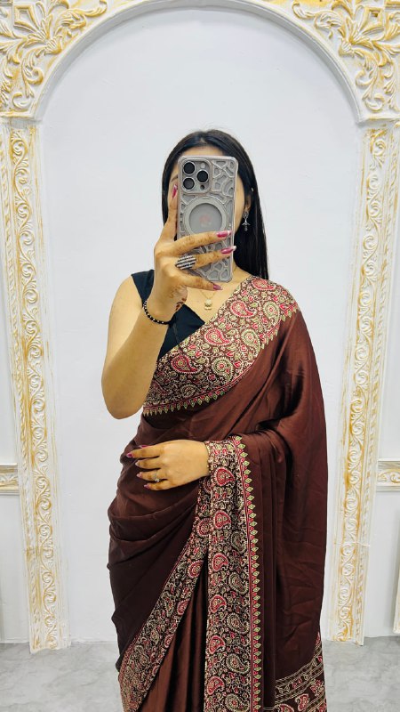 Brown Gajji Silk Ajrakh Rich Pallu With Contrast Blouse Saree