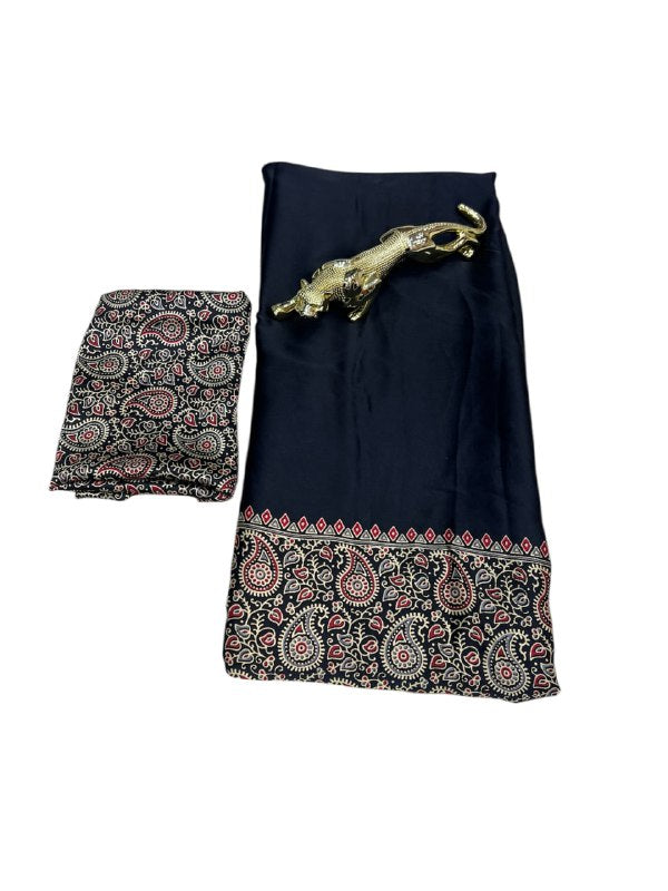 Black Gajji Silk Ajrakh Rich Pallu With Contrast Blouse Saree