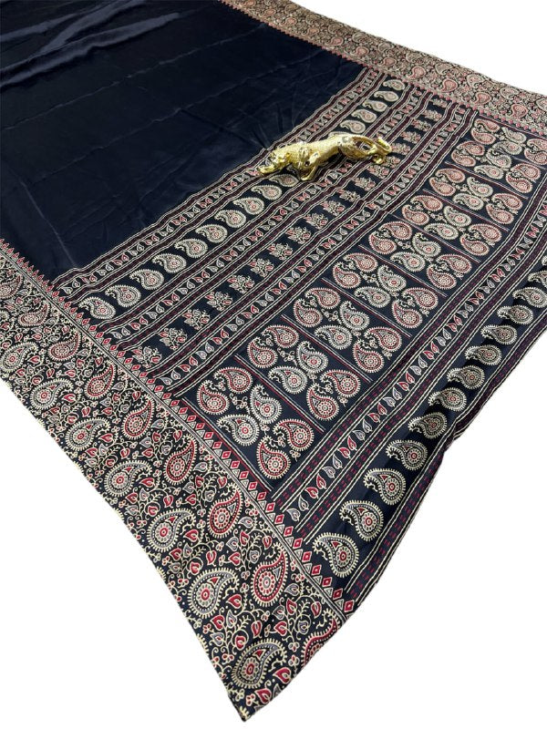 Black Gajji Silk Ajrakh Rich Pallu With Contrast Blouse Saree
