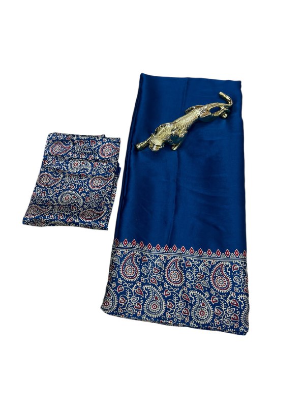 Navy Blue Gajji Silk Ajrakh Rich Pallu With Contrast Blouse Saree