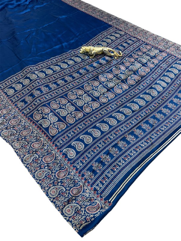 Navy Blue Gajji Silk Ajrakh Rich Pallu With Contrast Blouse Saree