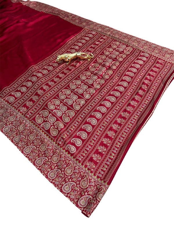 Red Gajji Silk Ajrakh Rich Pallu With Contrast Blouse Saree