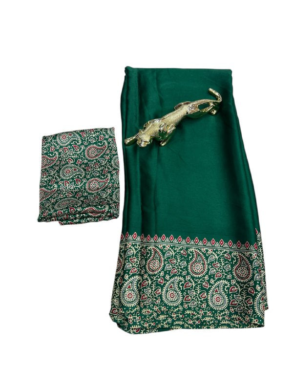 Cyan Gajji Silk Ajrakh Rich Pallu With Contrast Blouse Saree