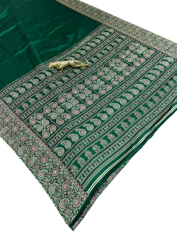 Cyan Gajji Silk Ajrakh Rich Pallu With Contrast Blouse Saree