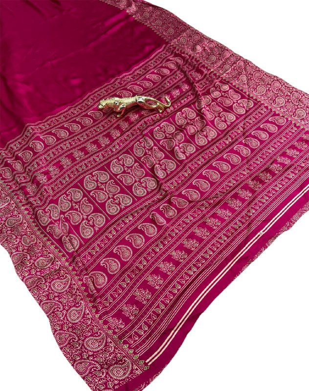 Rani Gajji Silk Ajrakh Rich Pallu With Contrast Blouse Saree