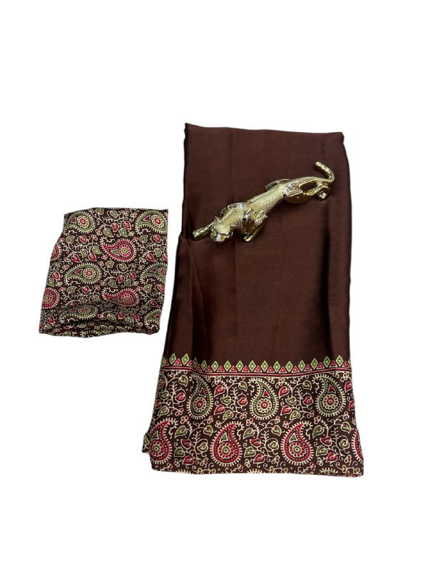 Brown Gajji Silk Ajrakh Rich Pallu With Contrast Blouse Saree