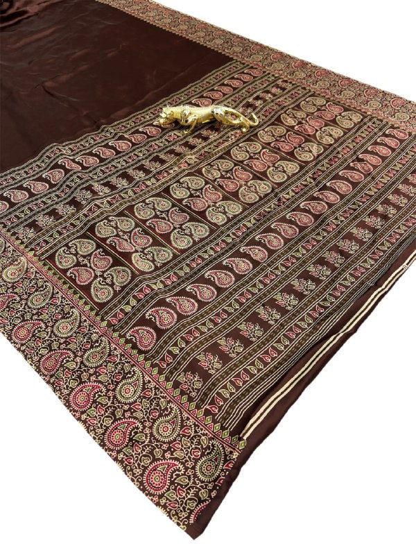 Brown Gajji Silk Ajrakh Rich Pallu With Contrast Blouse Saree