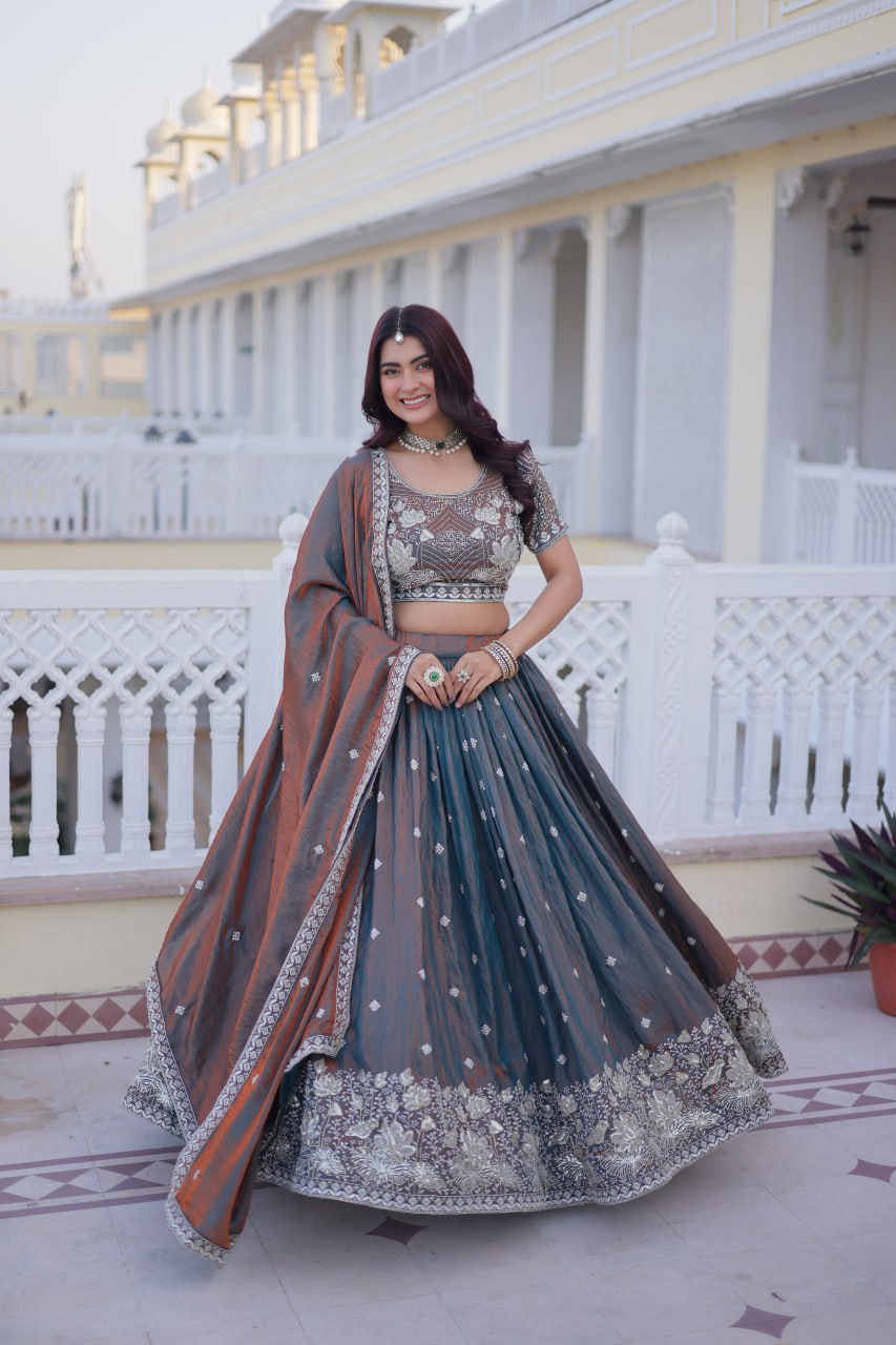Grey Ysl Silk With Pipe Embroidered With Sequins Thread Work Lehenga Choli