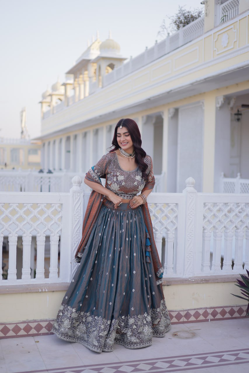Grey Ysl Silk With Pipe Embroidered With Sequins Thread Work Lehenga Choli