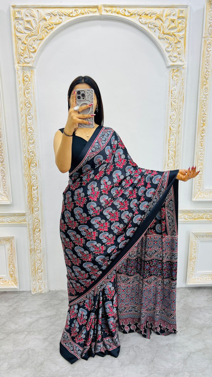 Black Ajrakh Rich Pallu With Contrast Blouse Saree