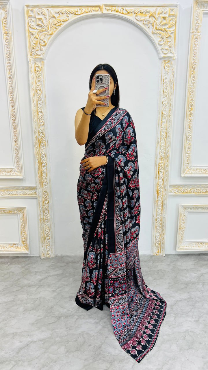 Black Ajrakh Rich Pallu With Contrast Blouse Saree