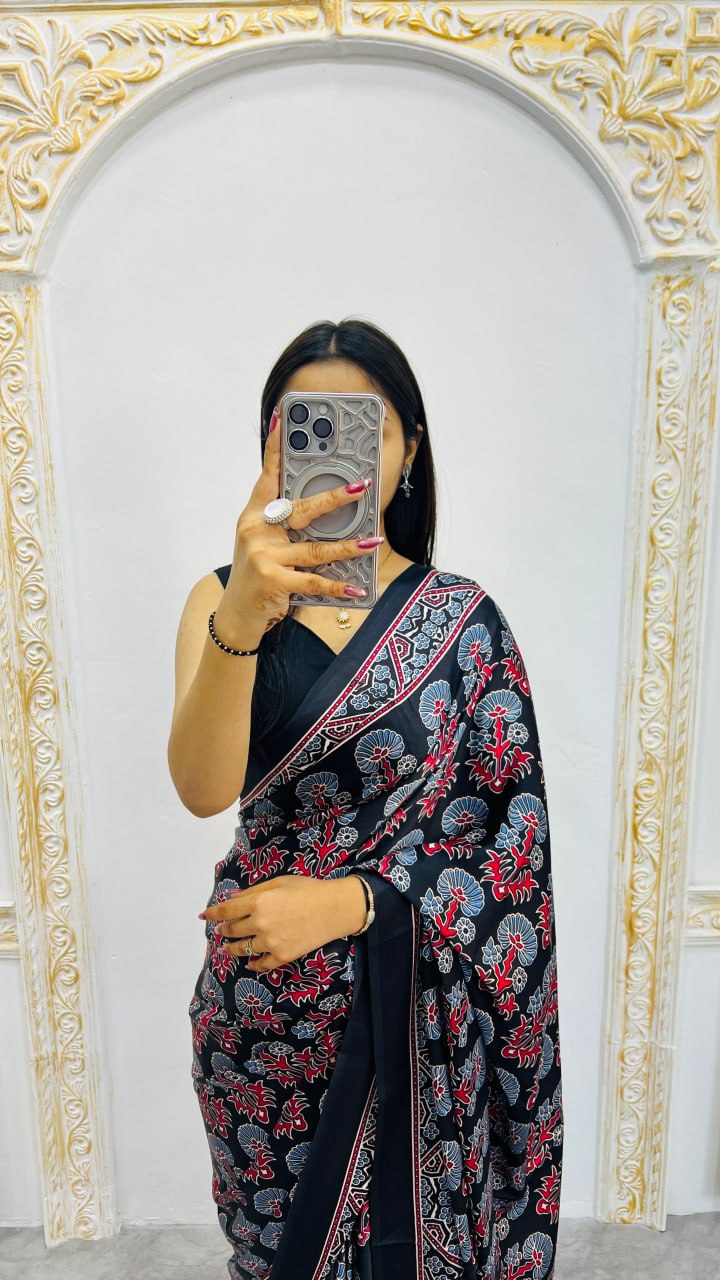 Black Ajrakh Rich Pallu With Contrast Blouse Saree