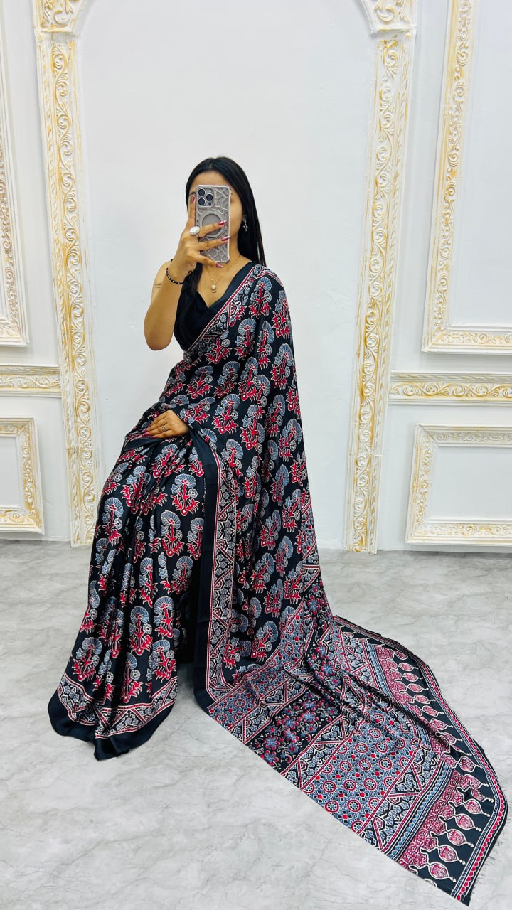 Black Ajrakh Rich Pallu With Contrast Blouse Saree