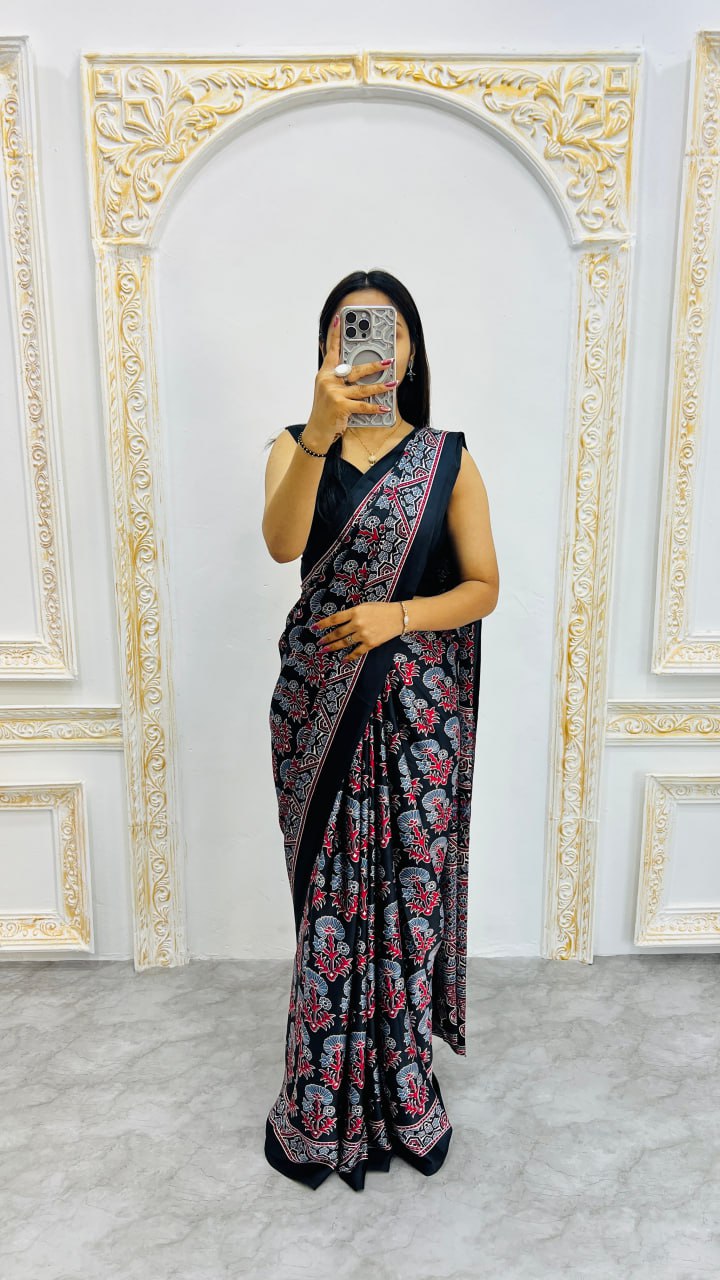 Black Ajrakh Rich Pallu With Contrast Blouse Saree