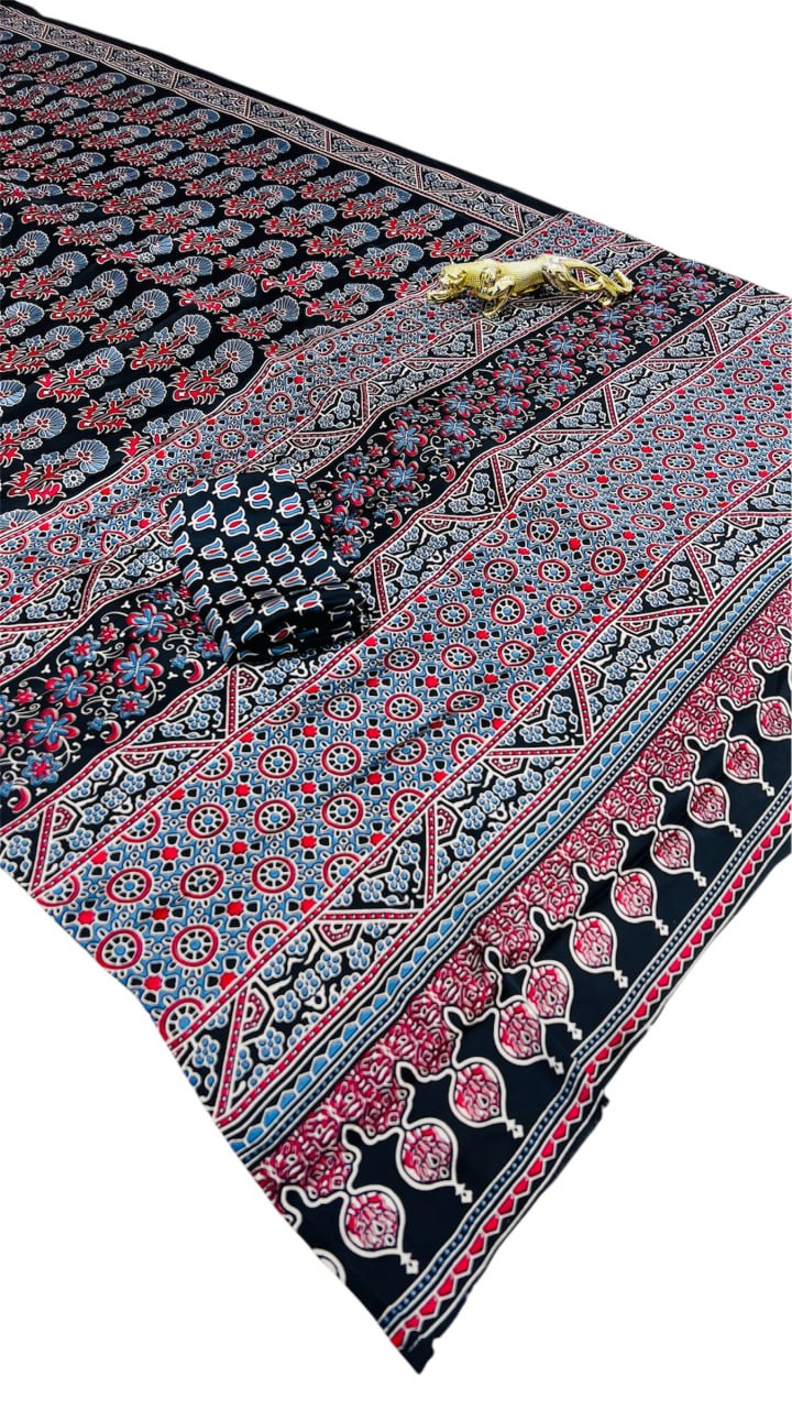 Black Ajrakh Rich Pallu With Contrast Blouse Saree