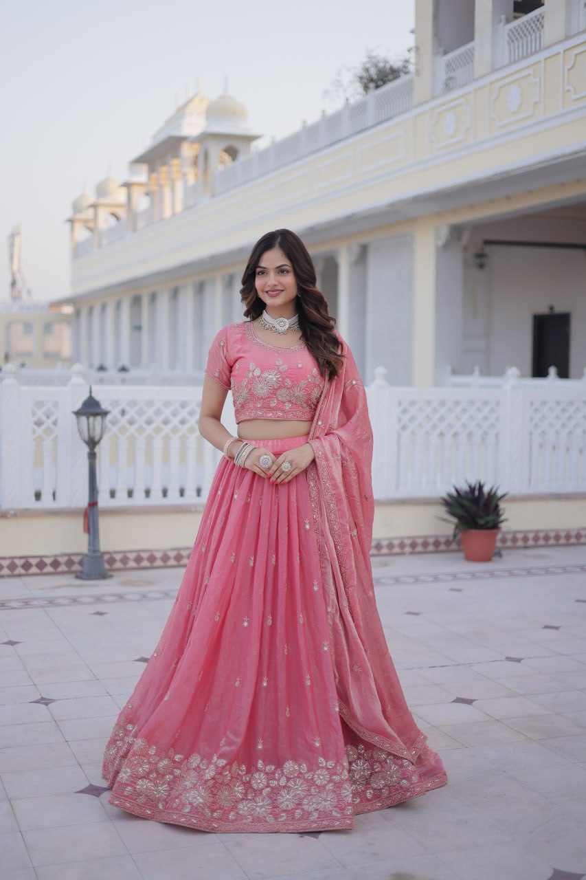 Pink Fendi Silk With Heavy Sequins Zari Thread Embroidered Work Lehenga Choli