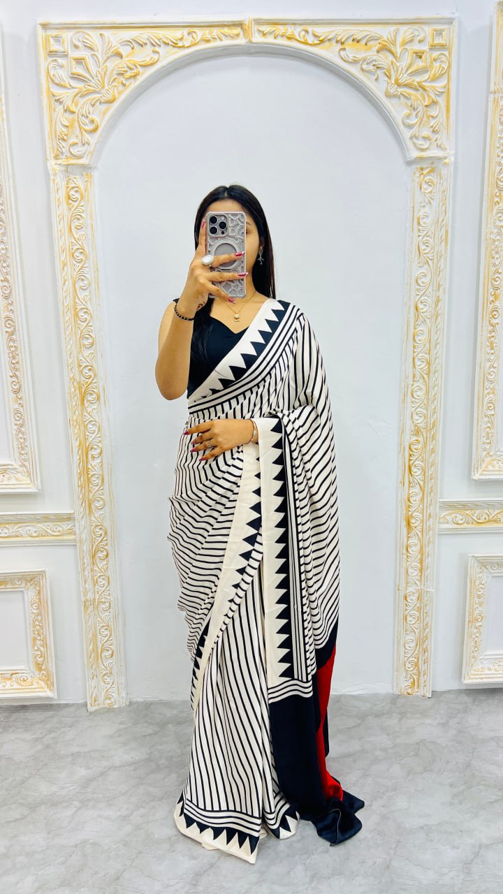 Off White Ajrakh Rich Pallu With Contrast Blouse Saree