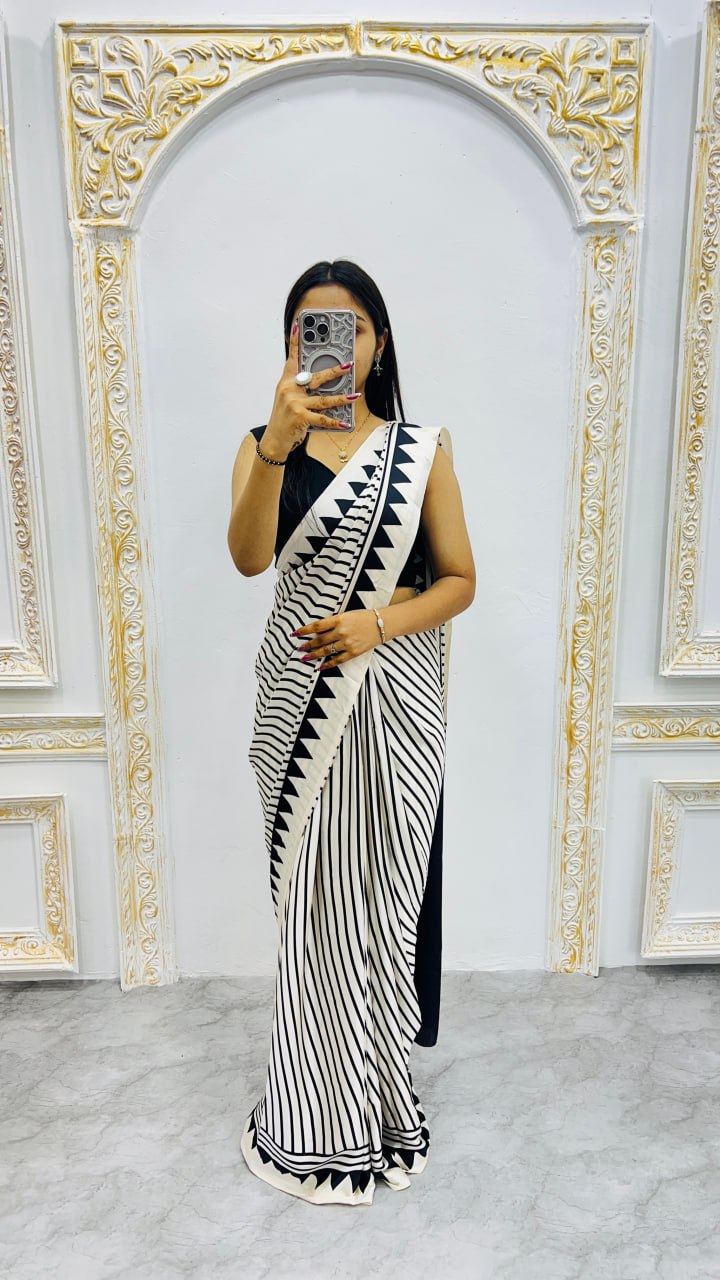 Off White Ajrakh Rich Pallu With Contrast Blouse Saree