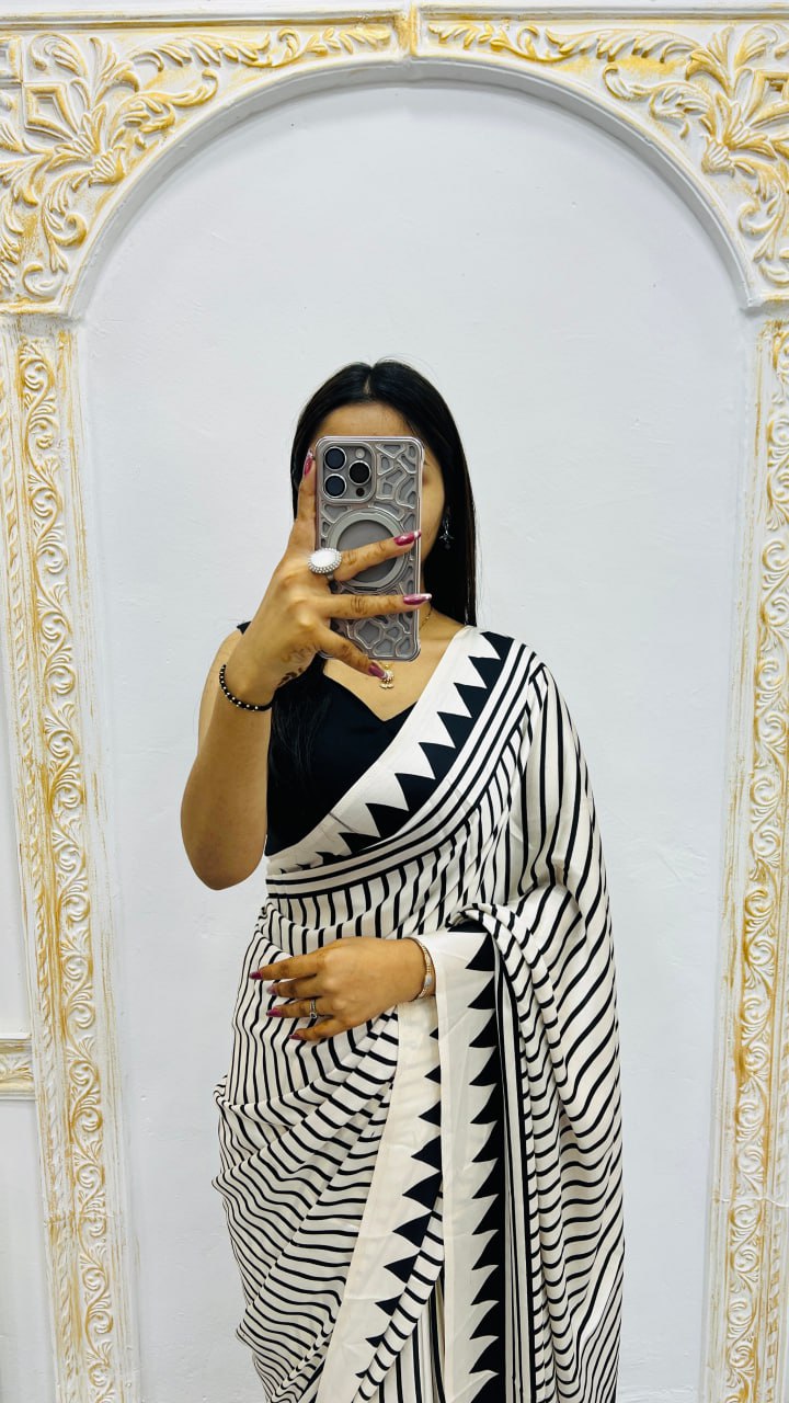 Off White Ajrakh Rich Pallu With Contrast Blouse Saree