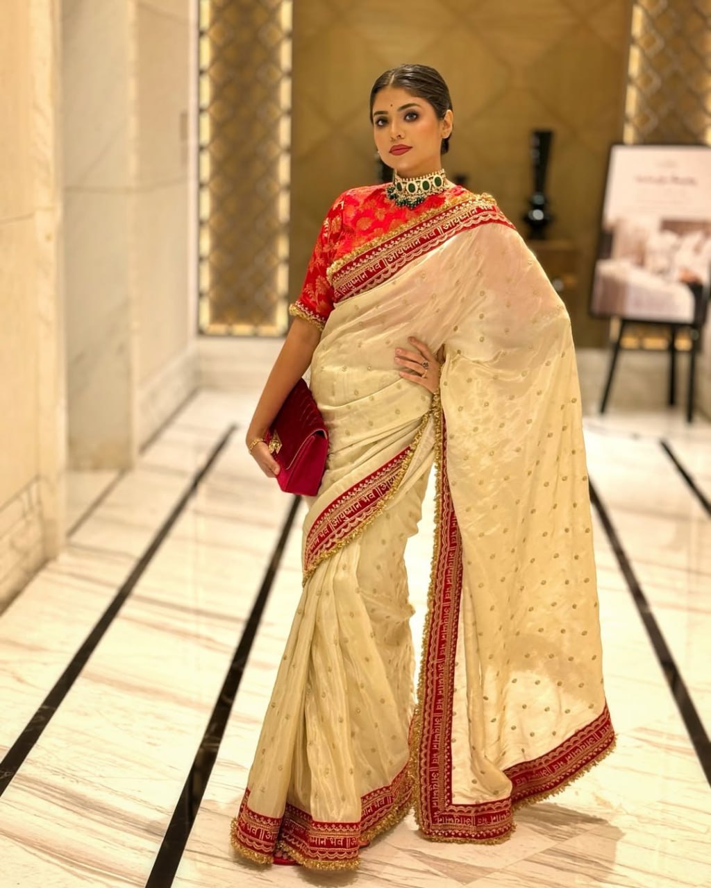 Cream Chinon Silk With Beautiful Embroidery Work Saree