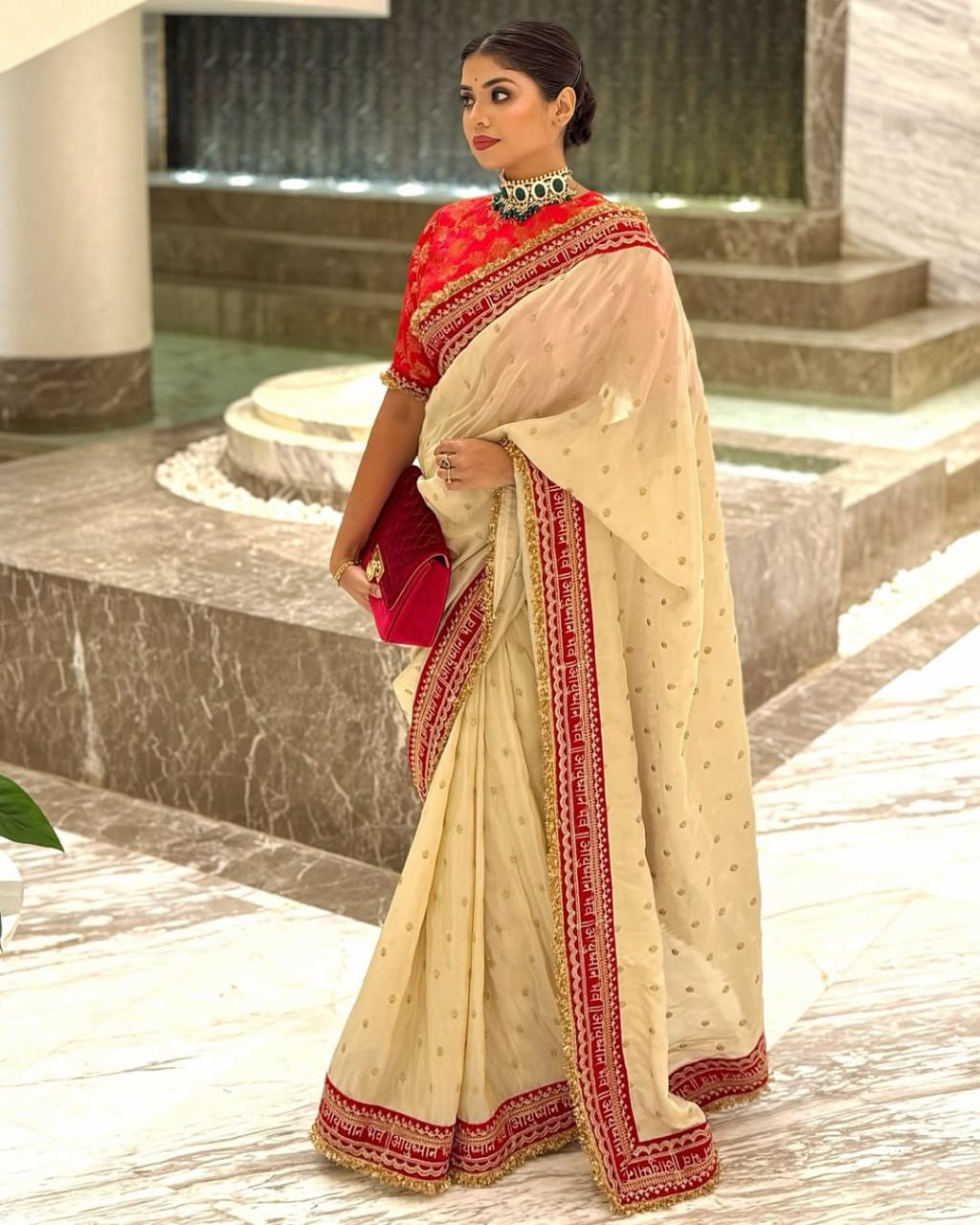 Cream Chinon Silk With Beautiful Embroidery Work Saree
