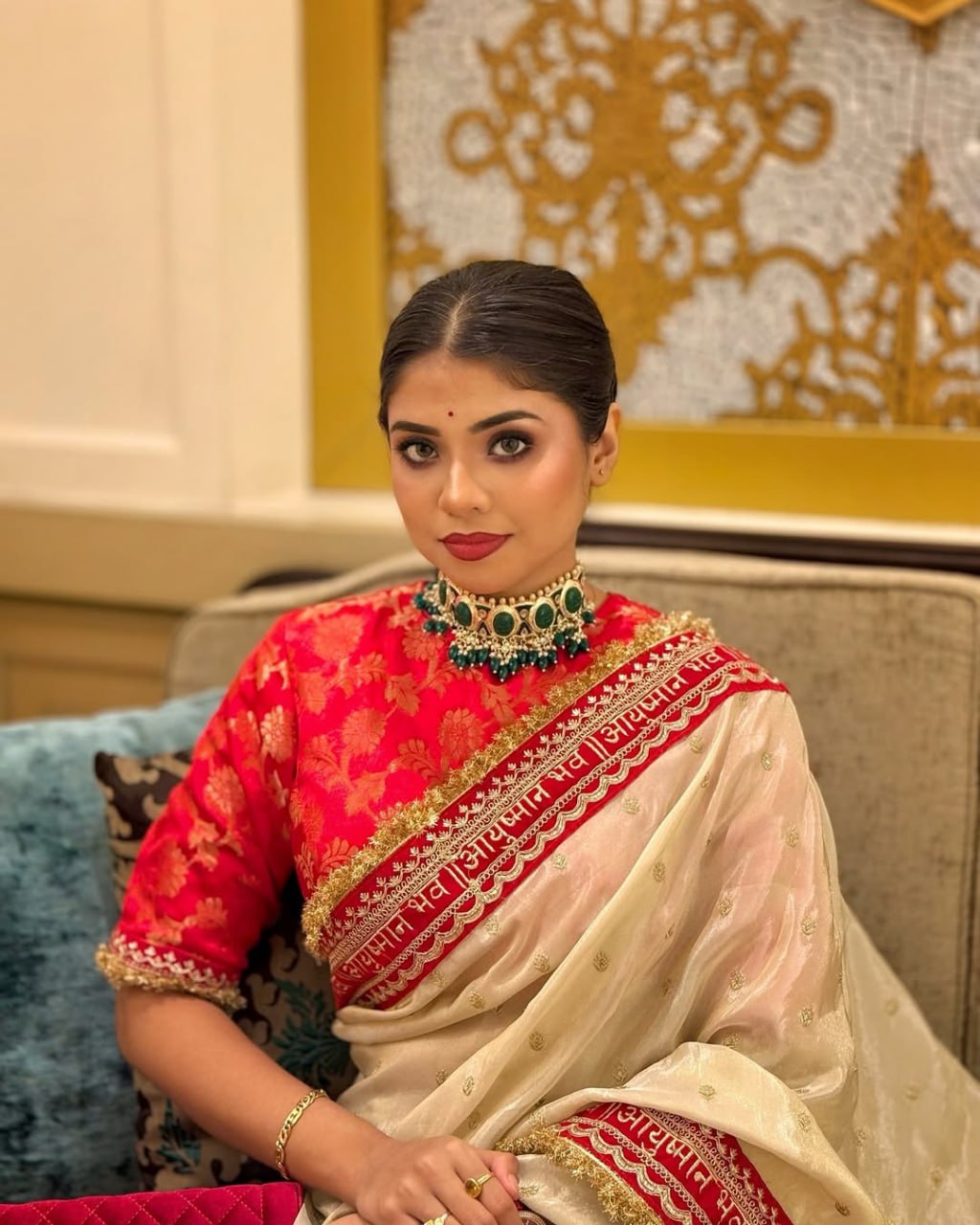 Cream Chinon Silk With Beautiful Embroidery Work Saree