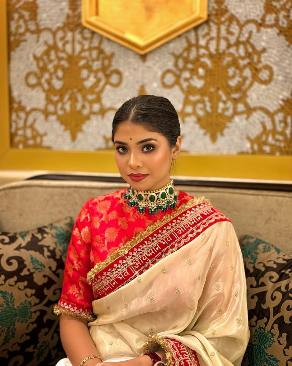 Cream Chinon Silk With Beautiful Embroidery Work Saree