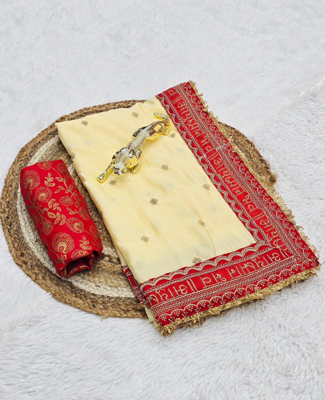 Cream Chinon Silk With Beautiful Embroidery Work Saree