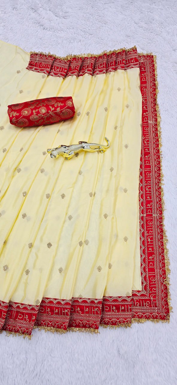Cream Chinon Silk With Beautiful Embroidery Work Saree