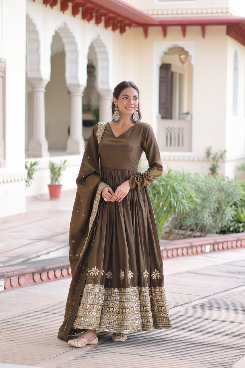 Mahendi Vichitra Silk With Rich Sequins Embroidered Work Gown