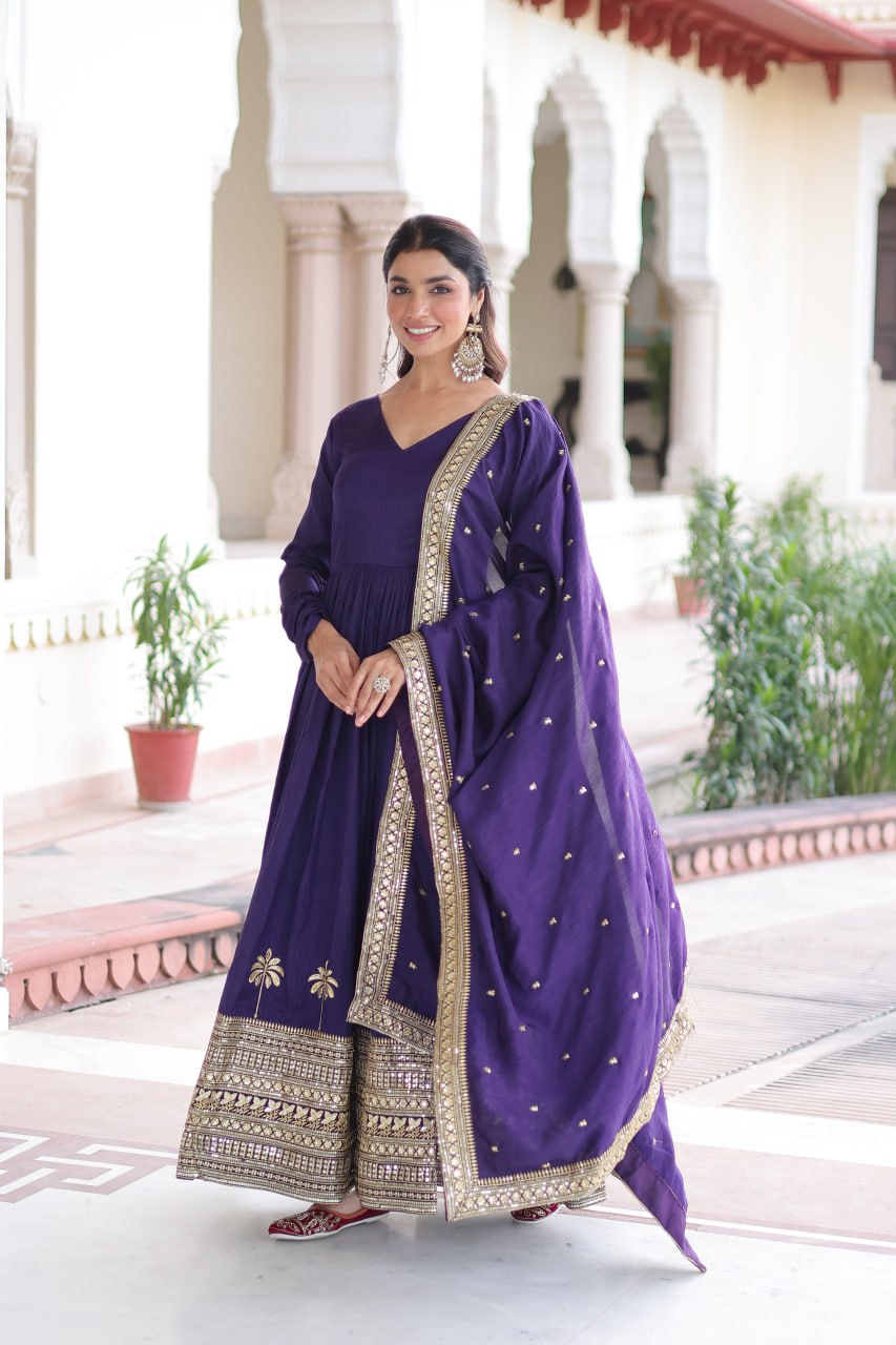 Navy Blue Vichitra Silk With Rich Sequins Embroidered Work Gown