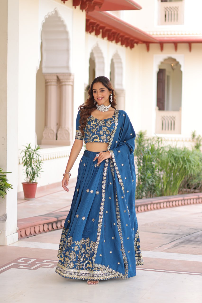 Blue Vichitra Silk With Heavy Sequins Thread Embroidered Work Lehenga Choli